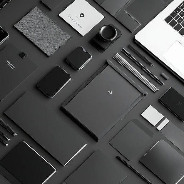 Photo flat lay of black branding mockup with laptop phone and business cards