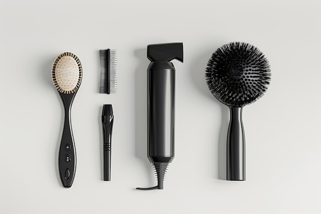 Flat lay of black hair styling tools on a white background