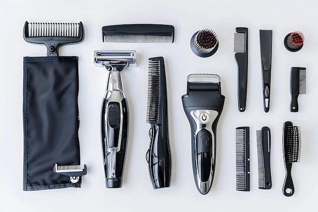 A Flat Lay of Black Hairdressing Tools on White Background