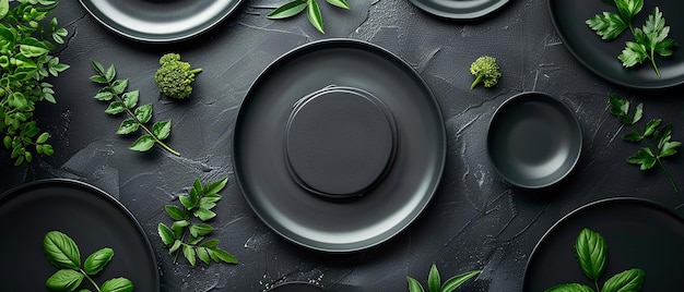 Photo flat lay of black plates arrangement in high definition