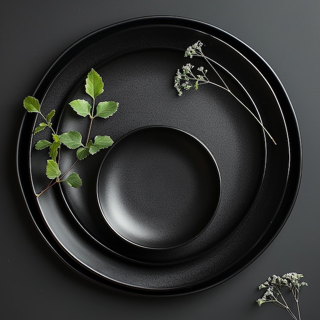 Photo flat lay of black plates arrangement in high definition