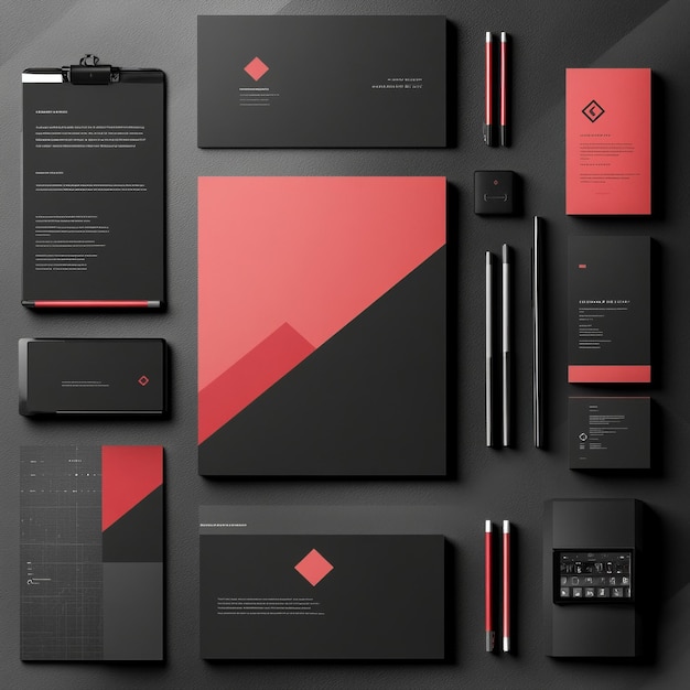 Flat lay of black and red corporate identity elements with a diamond logo