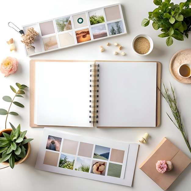 A flat lay of a blank notebook surrounded by nature inspired objects and decor