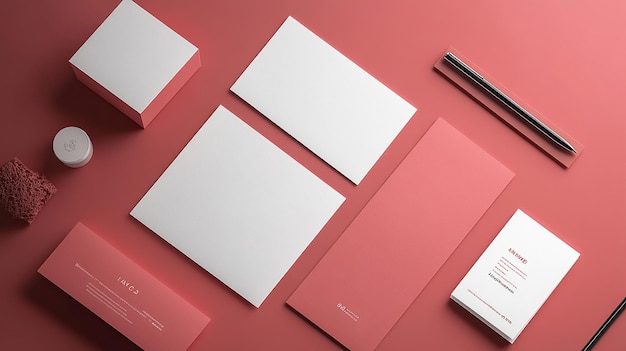 A flat lay of blank stationery items including business cards envelopes a pen a notepad and a box on a pink surface