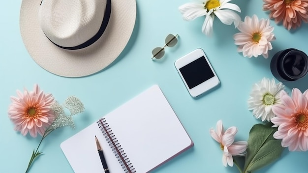 Flat lay on blue background top view of woman's desktop with envelope flowers pen notepad and smartphone mock up