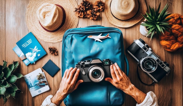 Photo flat lay of a blue suitcase with a camera passport and travel essentials on a wooden background