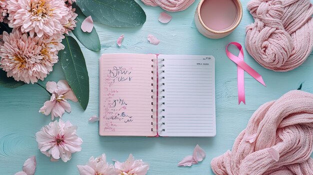 Photo a flat lay of a breast cancer survivors daily planner with notes on recovery a pink ribbon