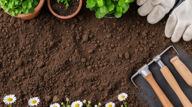 Photo a flat lay of brown garden soil with various gardening tools small potted plants and white daisies around the edge