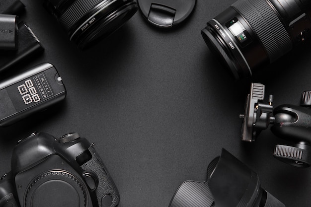 Flat lay of camera accesories with copy space