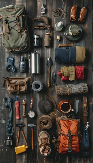 Photo flat lay of camping equipment on dark wooden background perfect for travelers preparing for