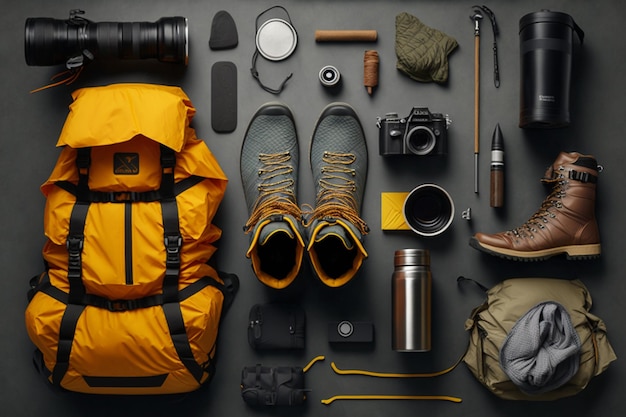 Photo flat lay of camping equipment and trekking clothes packing backpack for a trip concept with traveler items isolated on a grey background generative ai