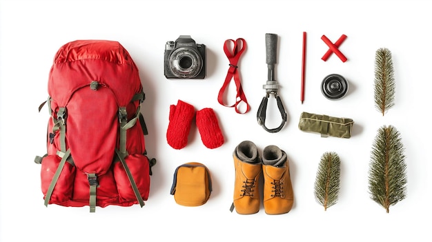 Photo a flat lay of camping essentials including a backpack camera shoes and other gear ready for an outdo