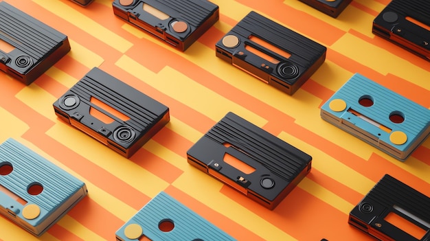 Photo a flat lay of cassette tapes of various colors arranged on a yellow and orange striped background