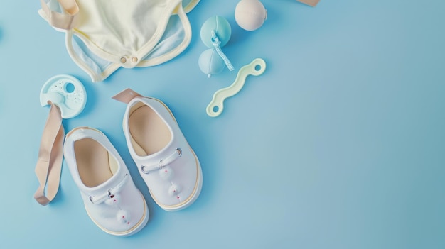 Photo flat lay of charming baby accessories including tiny shoes pacifier and teething toys on a pastel blue background perfect for a newborn