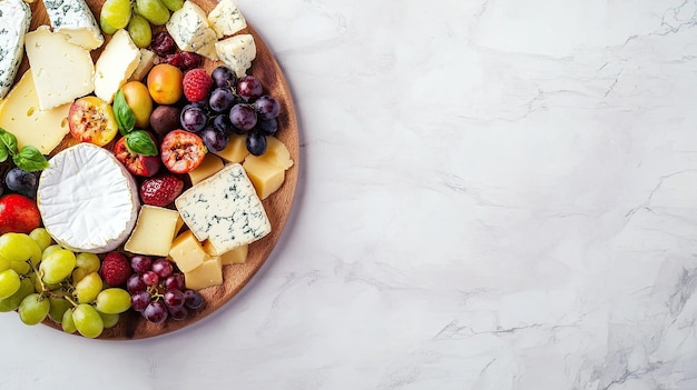 A flat lay of a cheese board with assorted cheeses and fruits ample space for text