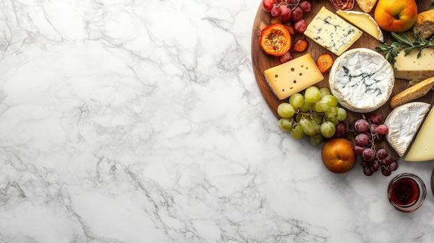 A flat lay of a cheese board with assorted cheeses and fruits ample space for text