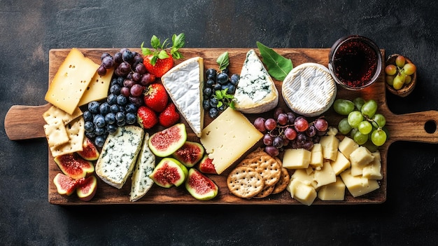 A flat lay of a cheese board with assorted cheeses and fruits with room for copy