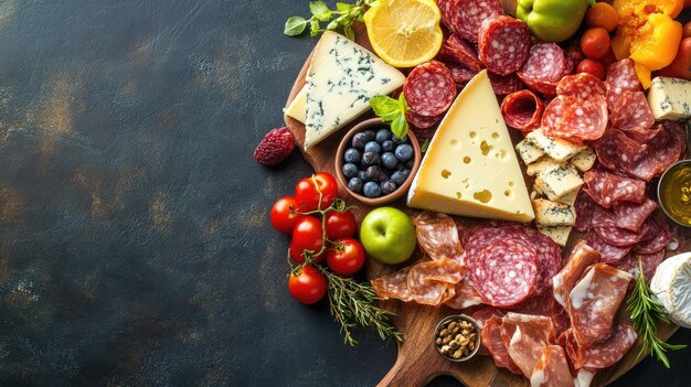 A flat lay of a cheese board with assorted meats and fruits with room for copy