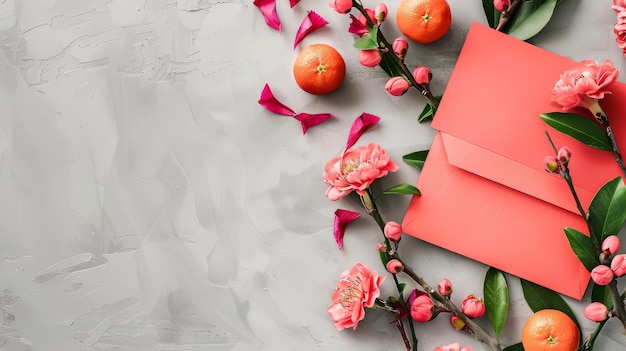 Flat lay Chinese New Year photo Oriental traditions Pink flowers mandarins and red envelopes Mockup