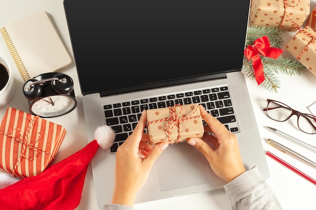 Flat lay christmas decoration office workplace