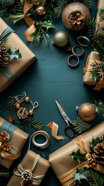 Flat Lay of Christmas Gift Wrapping Materials and Paper