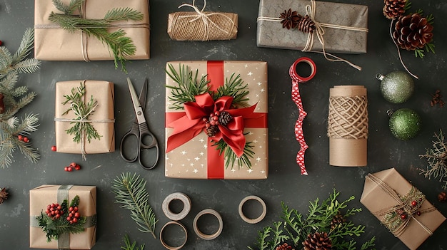 Flat Lay of Christmas Gift Wrapping Materials and Paper