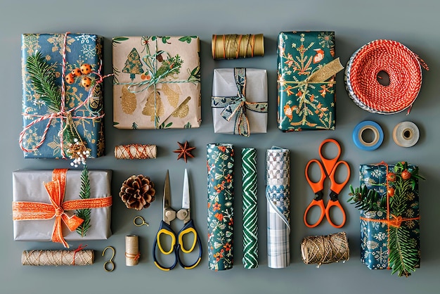 Photo flat lay of christmas gift wrapping materials and paper