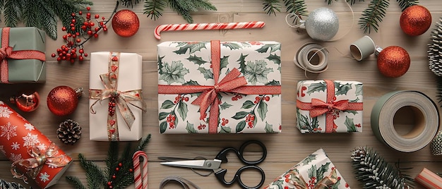 Flat Lay of Christmas Gift Wrapping Materials and Paper