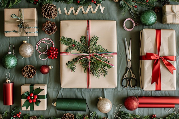 Flat Lay of Christmas Gift Wrapping Materials and Paper