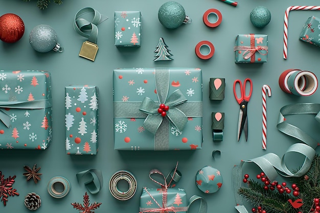 Flat Lay of Christmas Gift Wrapping Materials and Paper