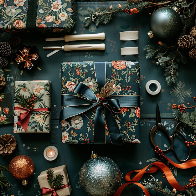 Flat Lay of Christmas Gift Wrapping Materials and Paper