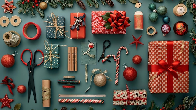 Flat Lay of Christmas Gift Wrapping Materials and Paper