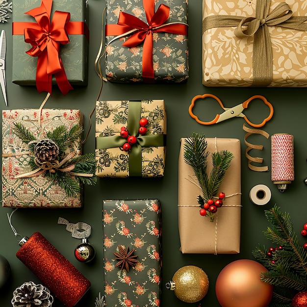 Flat Lay of Christmas Gift Wrapping Materials and Paper