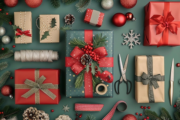 Flat Lay of Christmas Gift Wrapping Materials and Paper