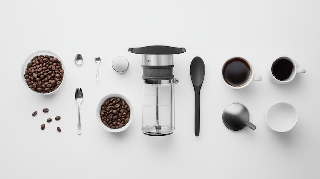 Photo flat lay of coffee brewing accessories including fresh beans grinder cups and utensils arranged neatly on white background showcasing modern coffee culture