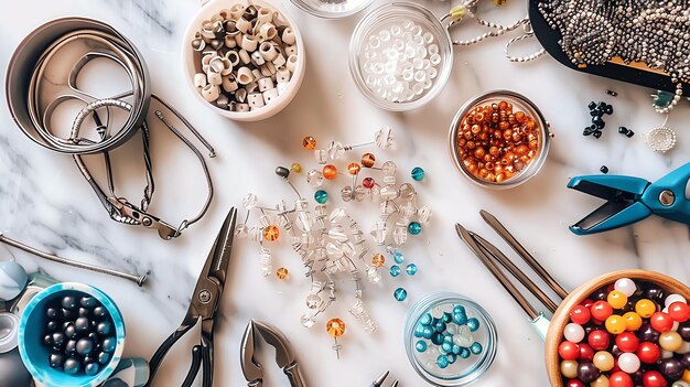 Photo flat lay of colorful beads and jewelry making supplies on a marble surface