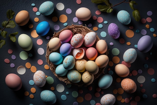 Flat lay of colorful chicken eggs texture background easter concept Neural network AI generated art