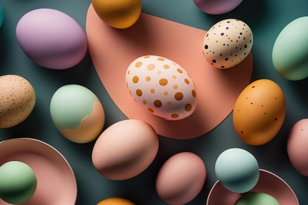 Flat lay of colorful chicken eggs texture background easter concept Neural network AI generated art