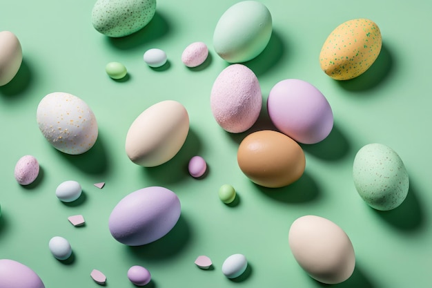 Flat lay of colorful chicken eggs texture background easter concept Neural network AI generated art