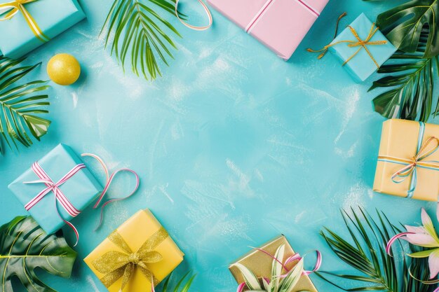 Photo flat lay colorful gifts on table