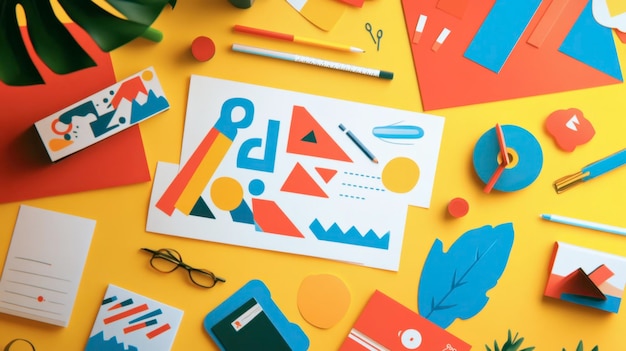 Photo a flat lay of colorful graphic design elements including vector illustrations and logo sketches spread across a desk