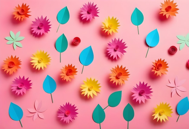 A flat lay of colorful paper flowers and leaves on a pink background