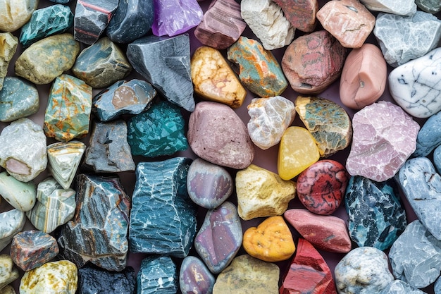 Photo flat lay of colorful rocks meticulously arranged for geological display