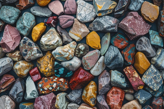 Photo flat lay of colorful rocks meticulously arranged for geological display