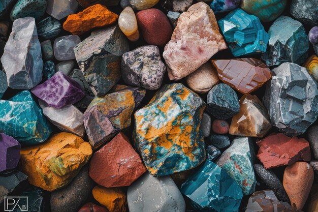 Photo flat lay of colorful rocks meticulously arranged for geological display