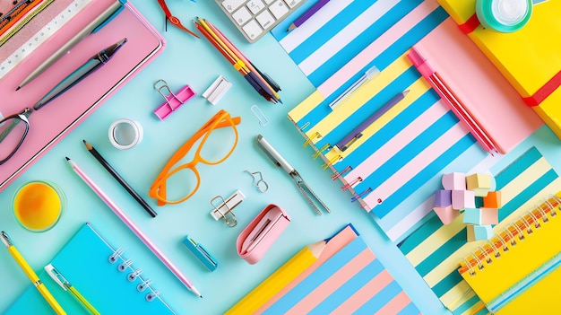 Flat lay of colorful school supplies on a blue background perfect for back to school or education themes