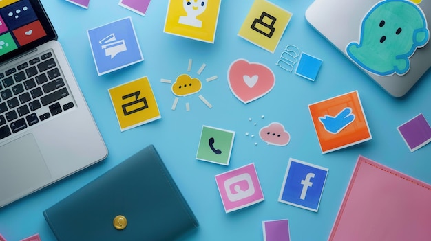 A flat lay of colorful social media icons and a laptop on a blue desk This image is ideal for marketing and advertising agencies Generative AI