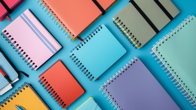 Photo a flat lay of colorful spiral bound notebooks on a blue background