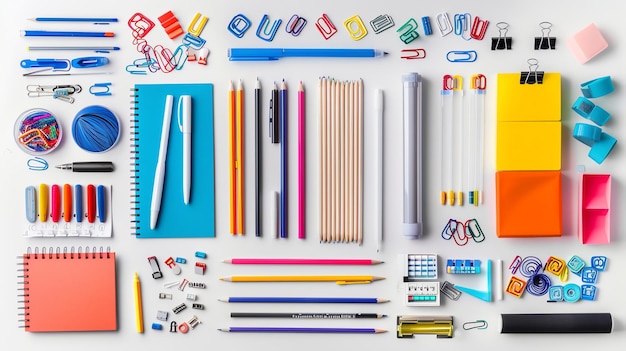 A flat lay of colorful stationery items arranged in rows on a white surface