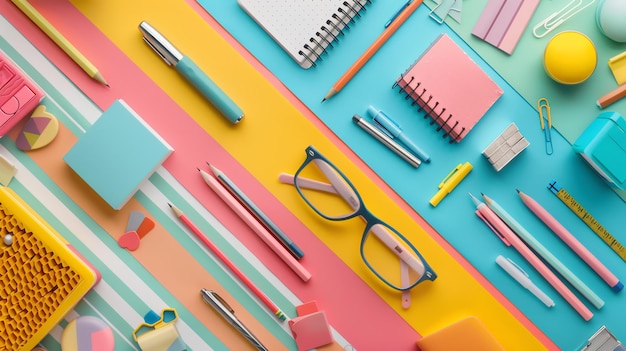 A flat lay of colorful stationery supplies on a rainbow background